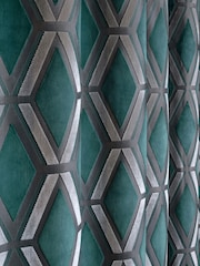 Teal Blue Collection Luxe Heavyweight Geometric Cut Velvet Blackout/Thermal Eyelet Curtains - Image 5 of 7