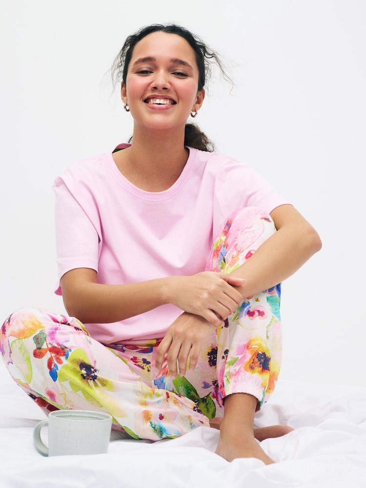 Pink Floral Watercolour Cotton Pyjamas - Image 1 of 4