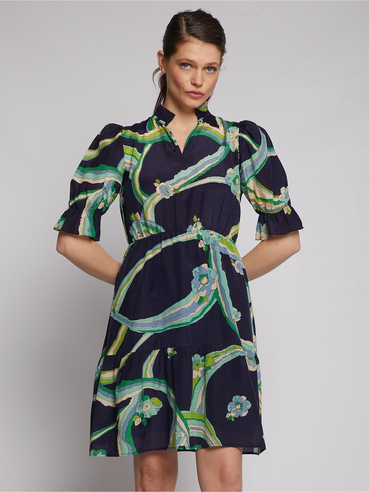 Vilagallo Blue Printed V-Neck Mini Dress - Image 1 of 4