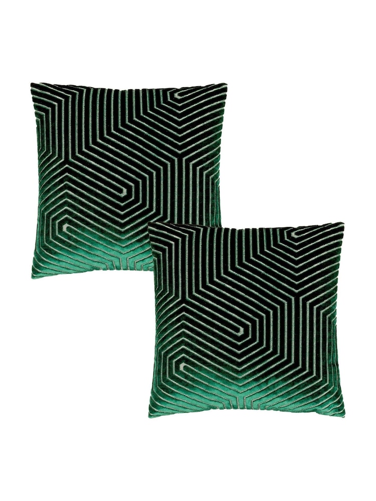 Riva Paoletti 2 Pack Green Evoke Geometric Cut Velvet Cushions - Image 1 of 6
