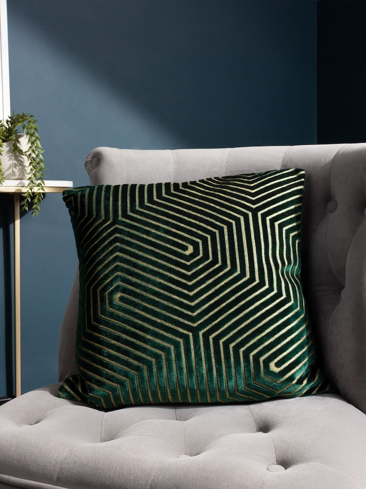 Riva Paoletti 2 Pack Green Evoke Geometric Cut Velvet Cushions - Image 5 of 6