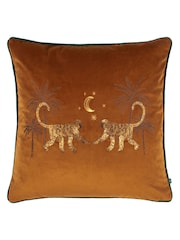 Wylder Orange Dusk Monkey Embroidered Piped Velvet Cushion - Image 1 of 6