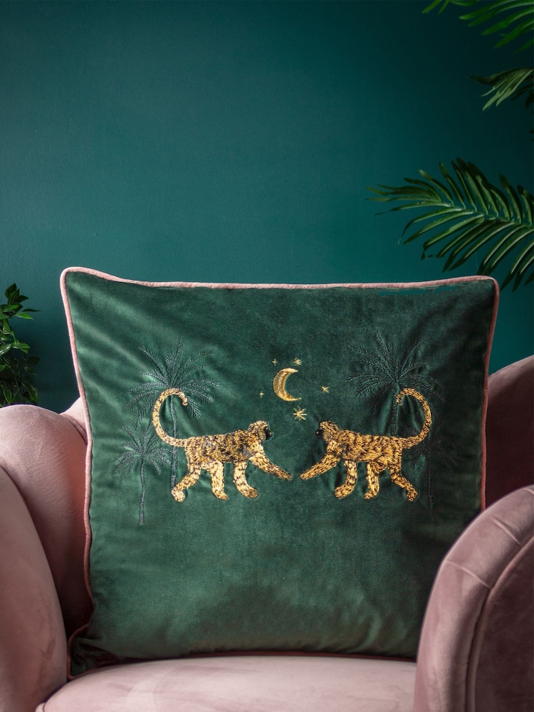 Wylder Green Dusk Monkey Embroidered Piped Velvet Cushion - Image 1 of 6