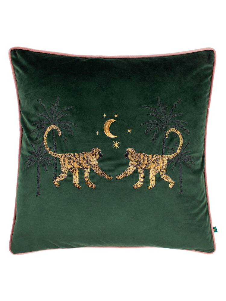 Wylder Green Dusk Monkey Embroidered Piped Velvet Cushion - Image 2 of 6