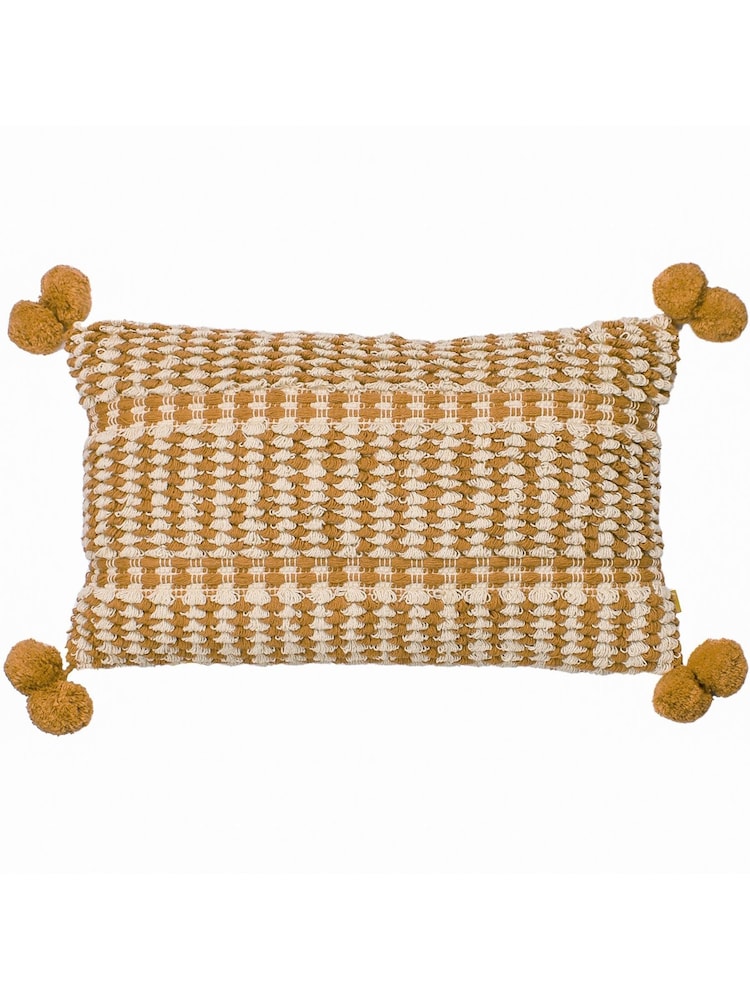 Furn Yellow Ayaan Woven Loop Tufted 100% Cotton Double Pom Pom Cushion - Image 1 of 6