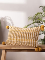 Furn Yellow Ayaan Woven Loop Tufted 100% Cotton Double Pom Pom Cushion - Image 4 of 6