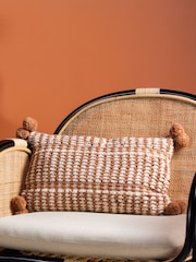 Furn Brown Ayaan Woven Loop Tufted 100% Cotton Double Pom Pom Cushion - Image 1 of 6
