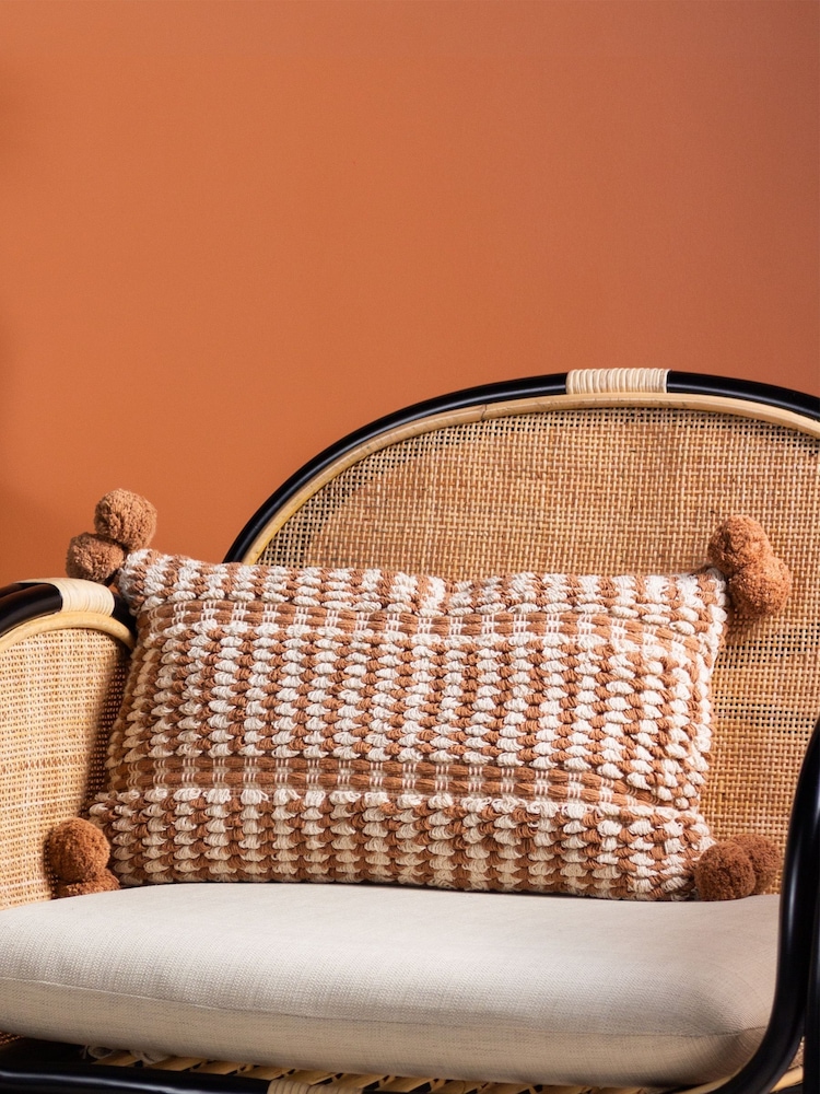 Furn Brown Ayaan Woven Loop Tufted 100% Cotton Double Pom Pom Cushion - Image 1 of 6