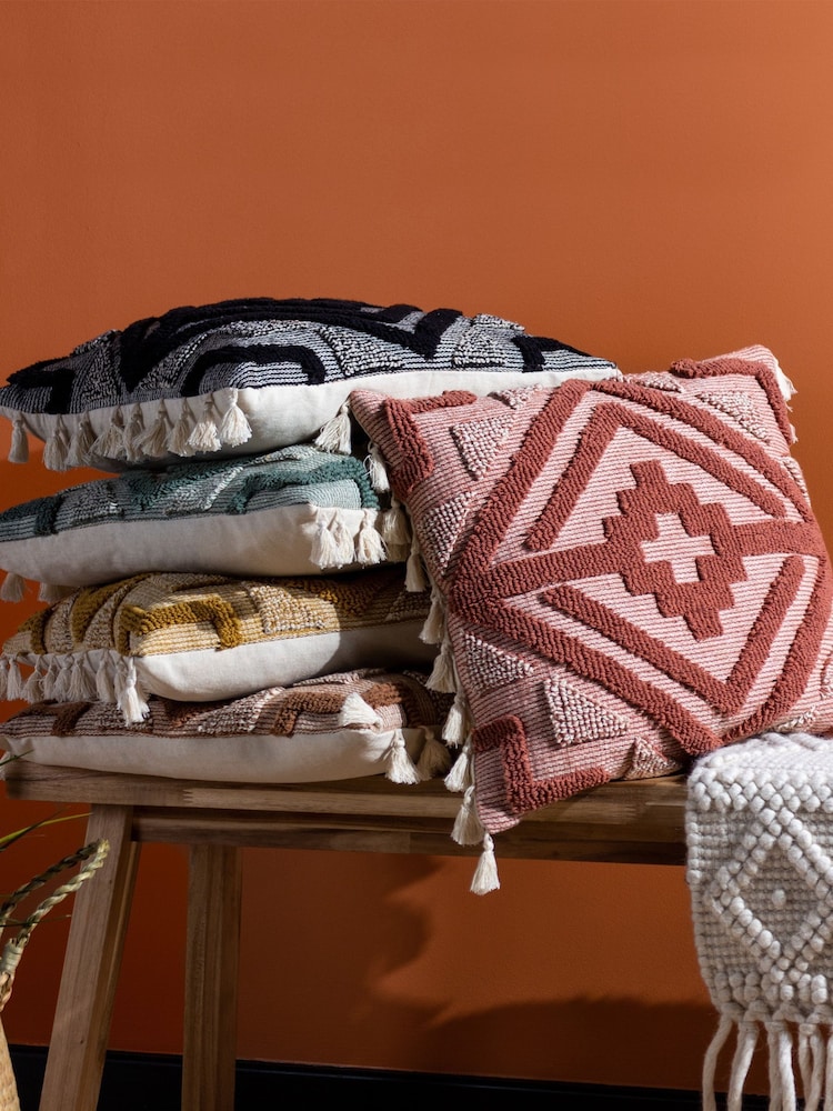 furn. Brown Kalai Geometric Tufted Woven Cotton Cushion - Image 2 of 6