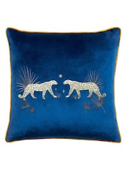 Wylder Blue Dusk Leopard Embroidered Piped Velvet Cushion - Image 1 of 6