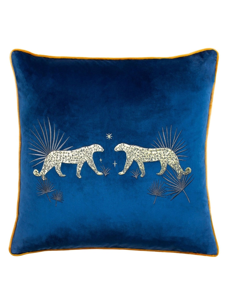 Wylder Blue Dusk Leopard Embroidered Piped Velvet Cushion - Image 1 of 6