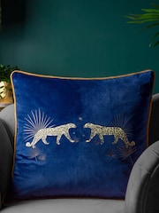 Wylder Blue Dusk Leopard Embroidered Piped Velvet Cushion - Image 5 of 6