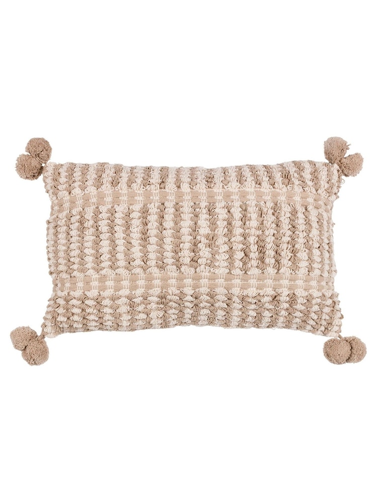 Furn Natural Ayaan Woven Loop Tufted 100% Cotton Double Pom Pom Cushion - Image 1 of 6