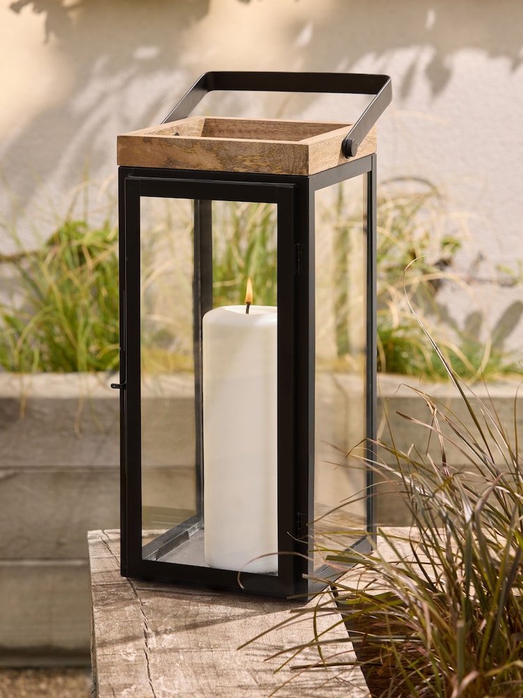 Black Bronx Extra Large Wood And Glass Lantern - Image 1 of 8