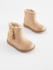 Beige Brown Standard Fit (F) Warm Lined Tassel Detail Zip Boots - Image 1 of 5