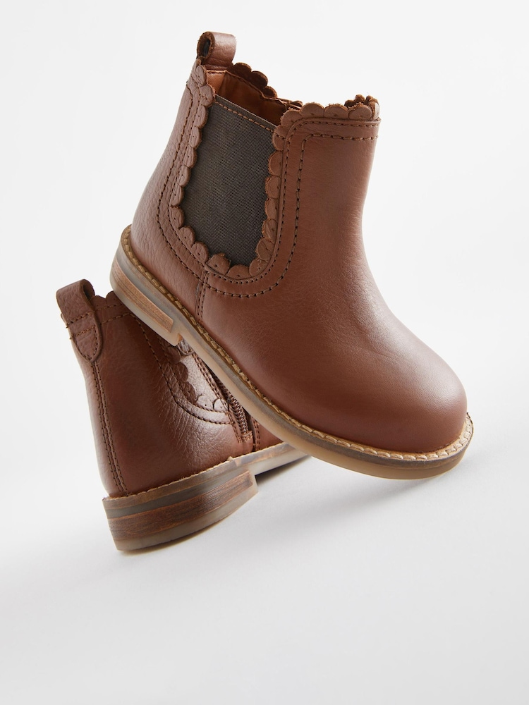 Tan Brown Leather Standard Fit (F) Scallop Chelsea Boots - Image 5 of 5