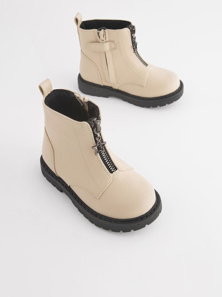 Off White Zip Front Charm Detail Ankle Boots - Image 1 of 6