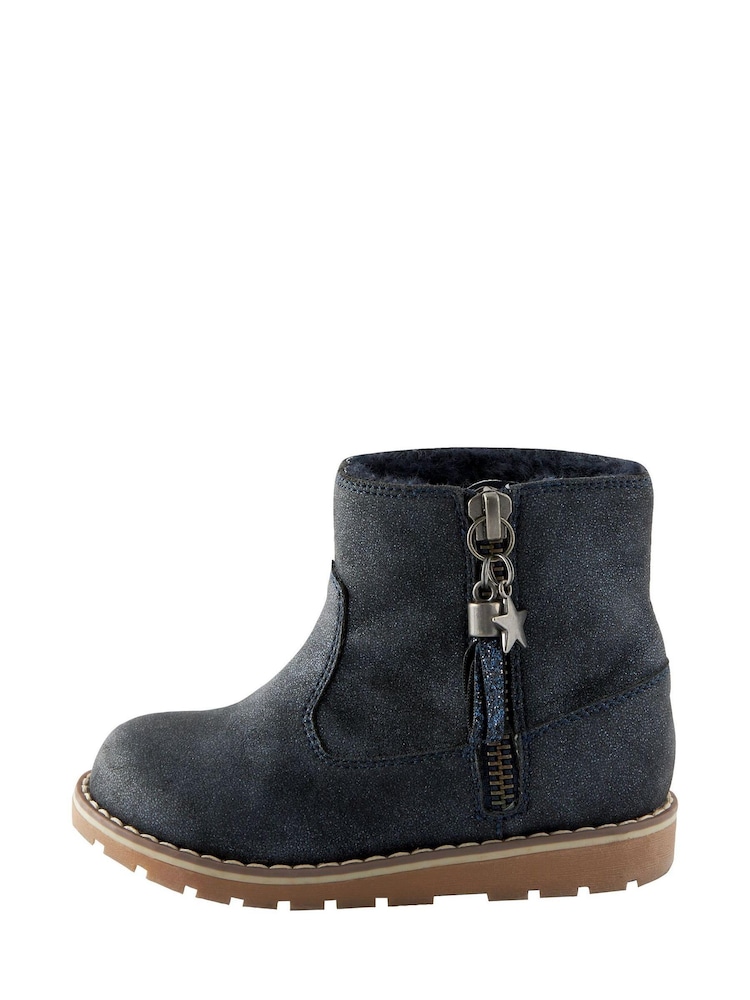 Navy Blue Shimmer Standard Fit (F) Warm Lined Tassel Detail Zip Boots - Image 2 of 7