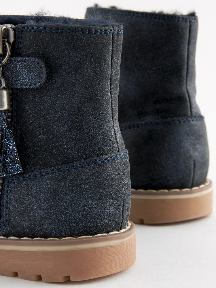Navy Blue Shimmer Standard Fit (F) Warm Lined Tassel Detail Zip Boots - Image 7 of 7
