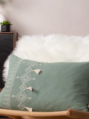 Furn Green Pritta 100% Cotton Embroidered Tasselled Cushion - Image 2 of 7