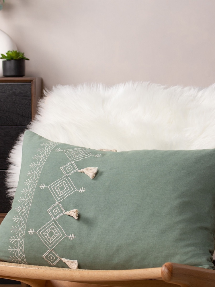 Furn Green Pritta 100% Cotton Embroidered Tasselled Cushion - Image 2 of 7