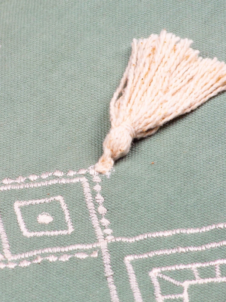 Furn Green Pritta 100% Cotton Embroidered Tasselled Cushion - Image 7 of 7