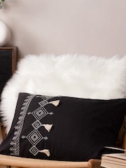 furn. Black Pritta Cotton Embroidered Tasselled Cushion - Image 1 of 7