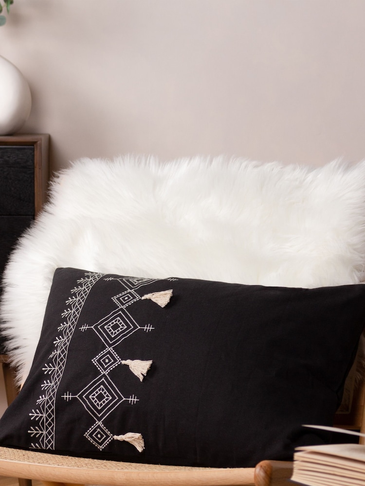 furn. Black Pritta Cotton Embroidered Tasselled Cushion - Image 1 of 7