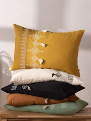furn. Black Pritta Cotton Embroidered Tasselled Cushion - Image 2 of 7