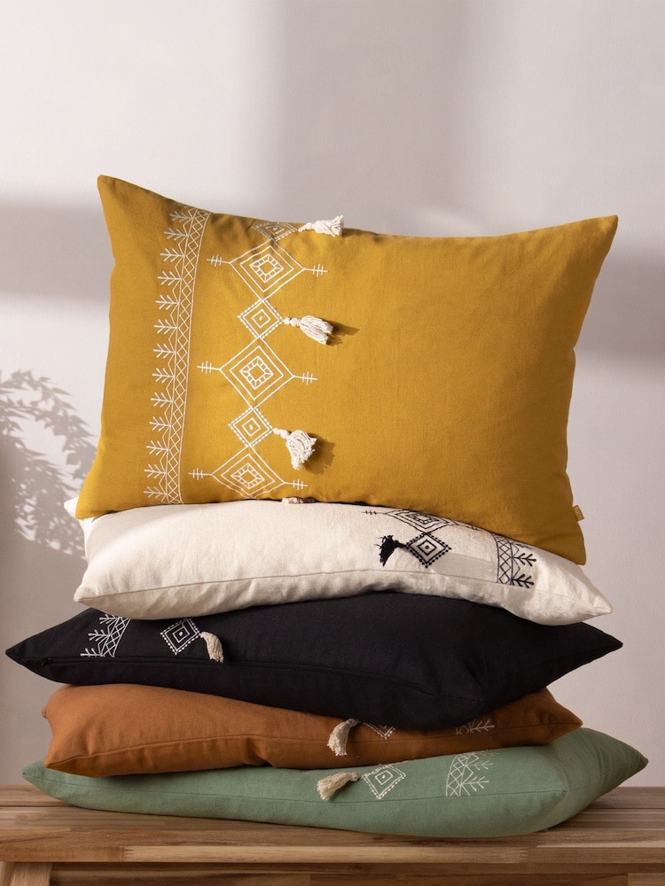 furn. Black Pritta Cotton Embroidered Tasselled Cushion - Image 2 of 7