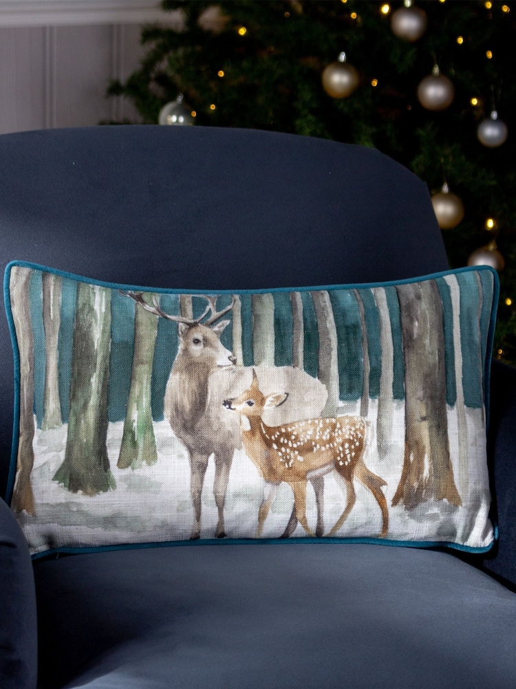 Evans Lichfield Grey Stag Scene Digitally Printed Piped Velvet Cushion - Image 1 of 4