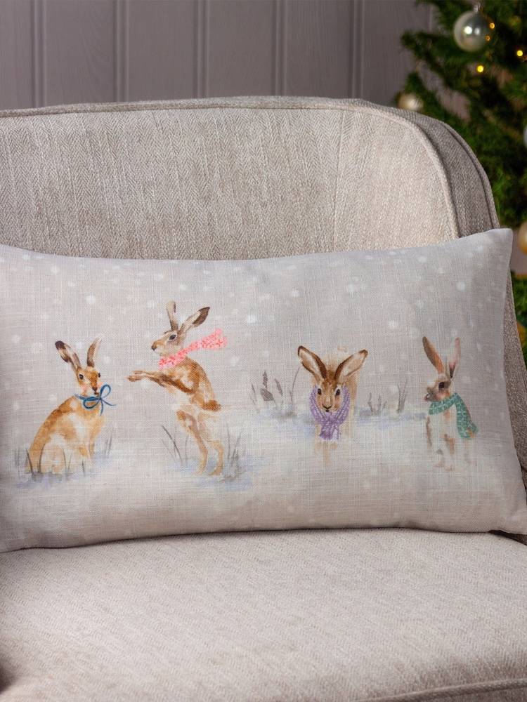 Evans Lichfield Natural Snowy Hares Watercolour Printed Cushion - Image 1 of 4