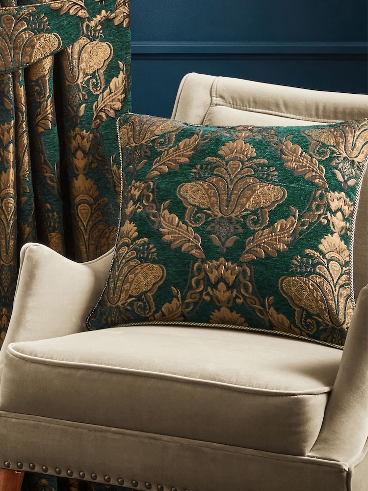 Riva Paoletti Green Shiraz Danmask Jacquard Floral Cushion - Image 1 of 5