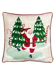 furn. Natural Jolly Santa Let It Snow Printed Piped Velvet Cushion - Image 1 of 4