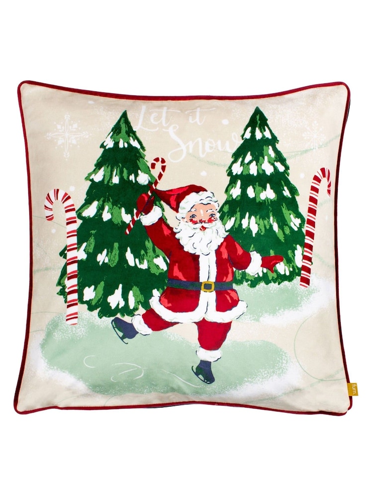 furn. Natural Jolly Santa Let It Snow Printed Piped Velvet Cushion - Image 1 of 4