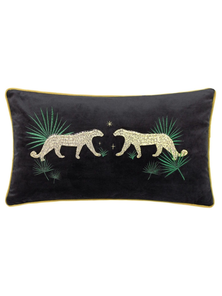 Wylder Black Dusk Leopard Rectangular Embroidered Piped Velvet Cushion - Image 1 of 6
