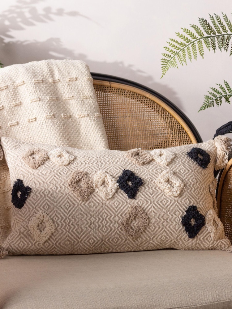 Furn Natural Benji Tasselled Jacquard Diamond Tufted 100% Cotton Cushion - Image 1 of 7