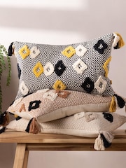 Furn Natural Benji Tasselled Jacquard Diamond Tufted 100% Cotton Cushion - Image 2 of 7