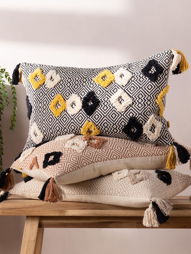 Furn Natural Benji Tasselled Jacquard Diamond Tufted 100% Cotton Cushion - Image 2 of 7