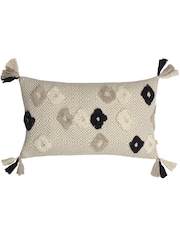 Furn Natural Benji Tasselled Jacquard Diamond Tufted 100% Cotton Cushion - Image 6 of 7