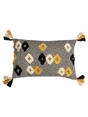 Furn Black Benji Tasselled Jacquard Diamond Tufted 100% Cotton Cushion - Image 2 of 6