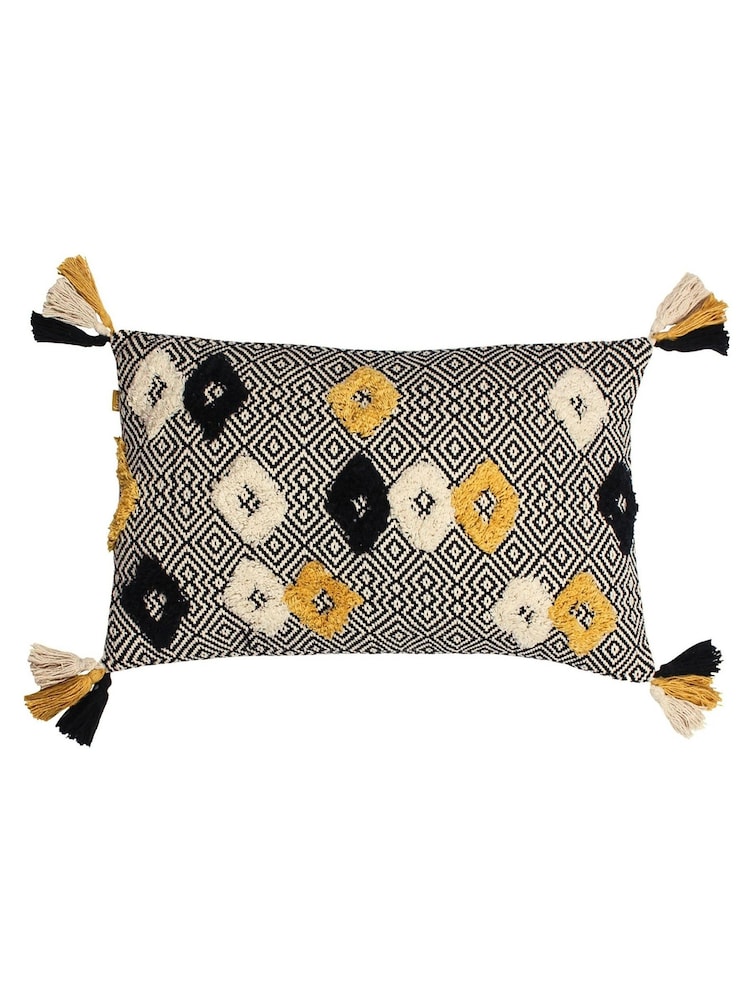 Furn Black Benji Tasselled Jacquard Diamond Tufted 100% Cotton Cushion - Image 2 of 6