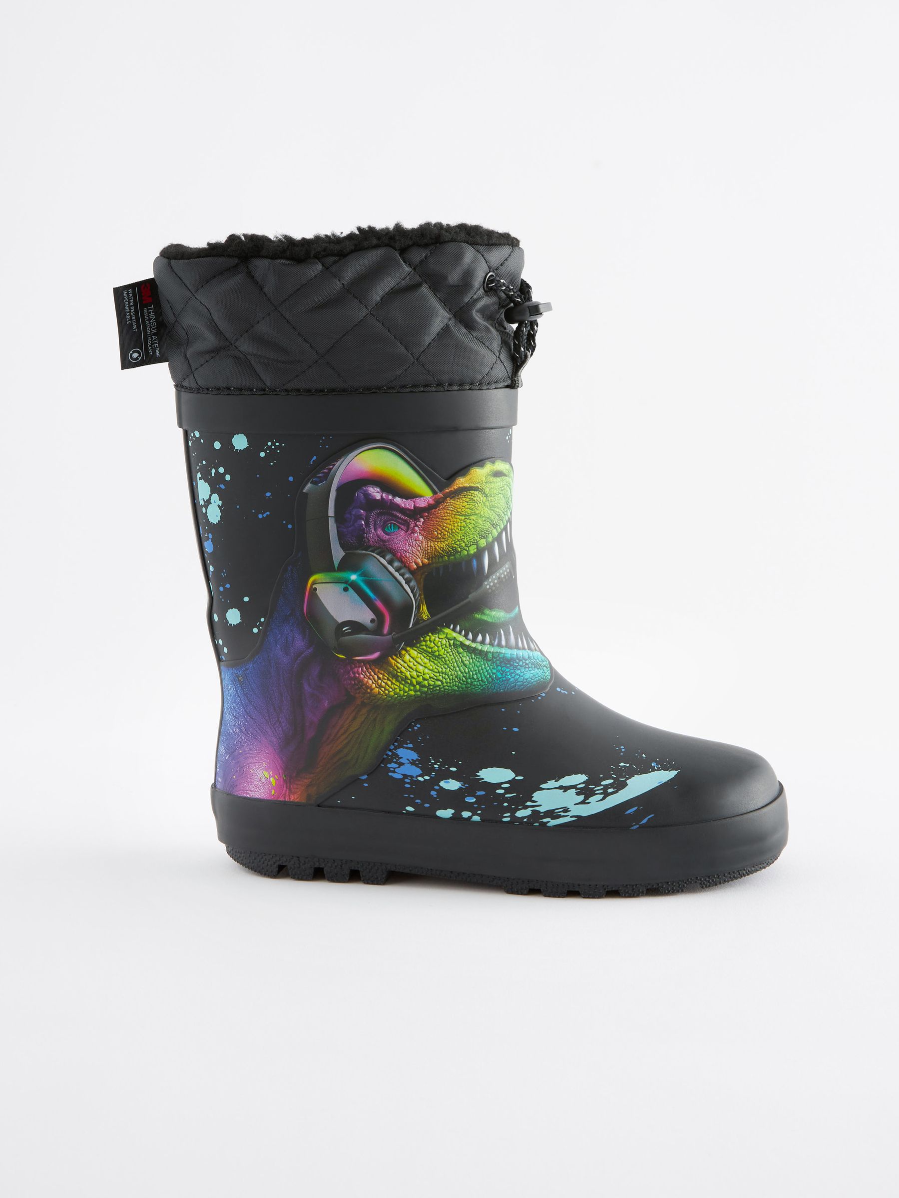 Buy Black Lime Green Dinosaur Thinsulate Warm Lined Cuff Wellies from Next Netherlands