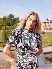 Another Sunday Puff Sleeve Mini Knot Dress With Open Back In Pink And Green - Image 3 of 7