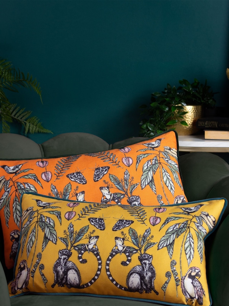 Wylder Tropics Orange Wild Mirrored Creatures Digitally Printed Piped Cushion - Image 1 of 4
