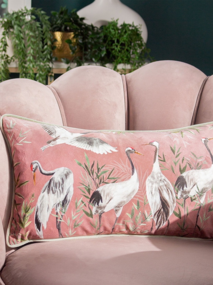 Wylder Tropics Grey Orient Chinoiserie Birds Digitally Printed Velvet Cushion - Image 1 of 4