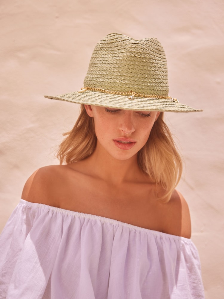 Sage Green Panama Hat with Shell Trim - Image 1 of 6 Sage Green Panama Hat with Shell Trim - Image 1 of 6