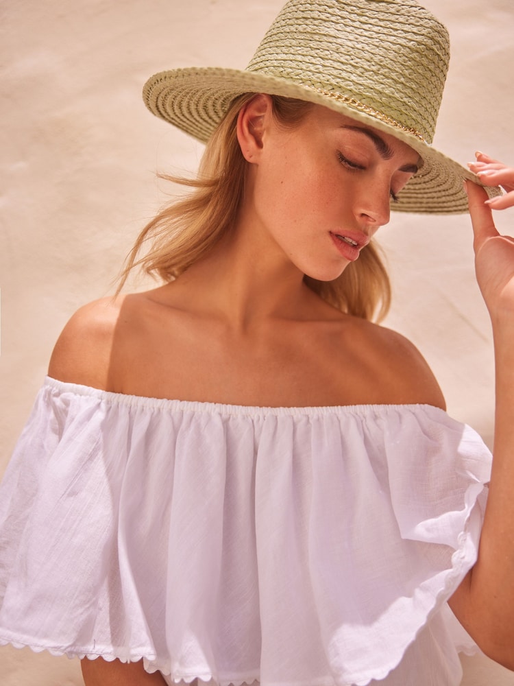 Sage Green Panama Hat with Shell Trim - Image 2 of 6 Sage Green Panama Hat with Shell Trim - Image 2 of 6