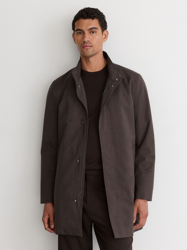Reiss Dark Brown Flaye Hybrid Gilet-Insert Funnel-Neck Overcoat - Image 1 of 9 Reiss Dark Brown Flaye Hybrid Gilet-Insert Funnel-Neck Overcoat - Image 1 of 9