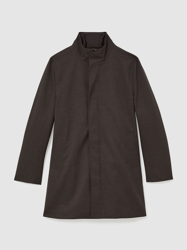 Reiss Dark Brown Flaye Hybrid Gilet-Insert Funnel-Neck Overcoat - Image 2 of 9 Reiss Dark Brown Flaye Hybrid Gilet-Insert Funnel-Neck Overcoat - Image 2 of 9